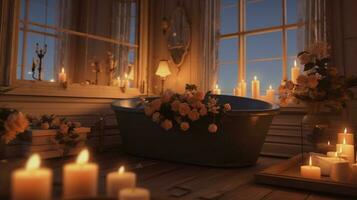 Generative AI, Interior of modern bathroom with burning candles in evening. Romantic atmosphere, spa and relax concept photo