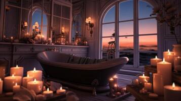 Generative AI, Interior of modern bathroom with burning candles in evening. Romantic atmosphere, spa and relax concept photo