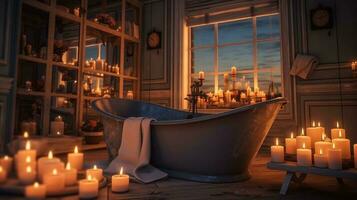 generativo ai, interior de moderno baño con ardiente velas en noche. romántico atmósfera, spa y relajarse concepto foto