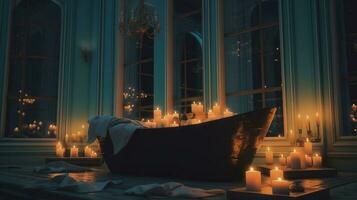 generativo ai, interior de moderno baño con ardiente velas en noche. romántico atmósfera, spa y relajarse concepto foto