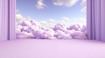 , Purple, digital lavender color fantastic 3d clouds on the floor, sky and landscape. Gentle colors and with bright lights. photo