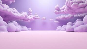 Generative AI, Purple, digital lavender color fantastic 3d clouds on the floor, sky and landscape. Gentle colors and with bright lights. photo