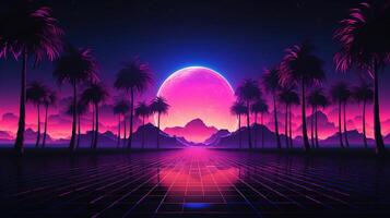 generativo ai, Años 80 retro futurista ciencia ficción., nostálgico años 90 noche y puesta de sol neón colores, cyberpunk Clásico ilustración. sol, montañas y palmas retrowave vj videojuego paisaje. foto