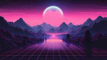 Generative AI, 80s retro futuristic sci-fi., nostalgic 90s. Night and sunset neon colors, cyberpunk vintage illustration. Sun, mountains and palms. Retrowave VJ videogame landscape. photo