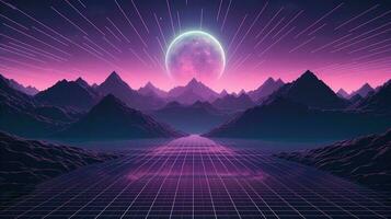 Generative AI, 80s retro futuristic sci-fi., nostalgic 90s. Night and sunset neon colors, cyberpunk vintage illustration. Sun, mountains and palms. Retrowave VJ videogame landscape. photo