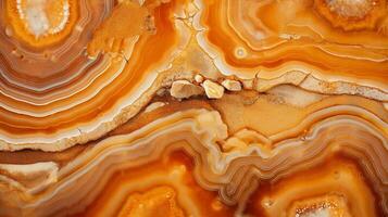 Generative AI, natural volcanic agate stones close-up light orange, apricot crush and golden texture. Wallpaper background, quartz marble, decorative rock pattern. photo