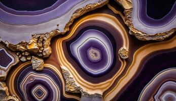 Generative AI, natural volcanic agate stones close-up light digital lavender and golden texture. Wallpaper background, quartz marble, decorative rock pattern. photo