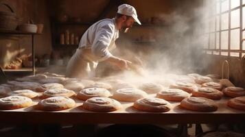 Generative AI, Old man hands of baker in restaurant or home kitchen, prepares ecologically natural pastries. photo