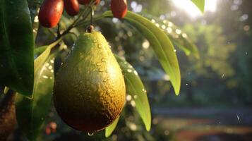 generativo ai, aguacate plantación, creciente Fruta colgando en el árbol. foto