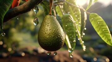 generativo ai, aguacate plantación, creciente Fruta colgando en el árbol. foto