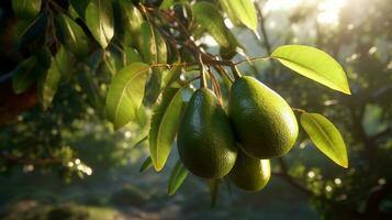 generativo ai, aguacate plantación, creciente Fruta colgando en el árbol. foto