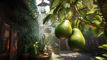 generativo ai, aguacate plantación, creciente Fruta colgando en el árbol. foto