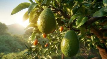 generativo ai, aguacate plantación, creciente Fruta colgando en el árbol. foto