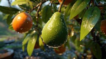 generativo ai, aguacate plantación, creciente Fruta colgando en el árbol. foto