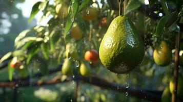 generativo ai, aguacate plantación, creciente Fruta colgando en el árbol. foto