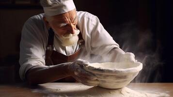 Generative AI, Old man hands of baker in restaurant or home kitchen, prepares ecologically natural pastries. photo