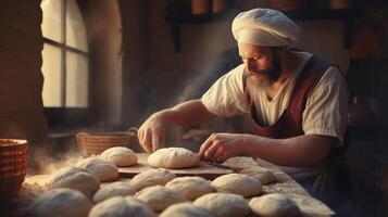 generativo ai, antiguo hombre manos de panadero en restaurante o hogar cocina, prepara ecológicamente natural pasteles foto