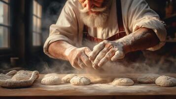 , Old man hands of baker in restaurant or home kitchen, prepares ecologically natural pastries. photo