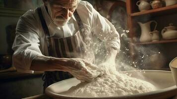 Generative AI, Old man hands of baker in restaurant or home kitchen, prepares ecologically natural pastries. photo