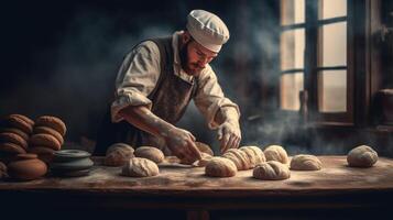 generativo ai, antiguo hombre manos de panadero en restaurante o hogar cocina, prepara ecológicamente natural pasteles foto