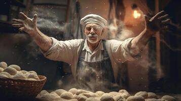 , Old man hands of baker in restaurant or home kitchen, prepares ecologically natural pastries. photo