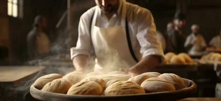 Generative AI, Old man hands of baker in restaurant or home kitchen, prepares ecologically natural pastries. photo