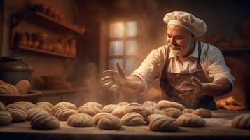 Generative AI, Old man hands of baker in restaurant or home kitchen, prepares ecologically natural pastries. photo