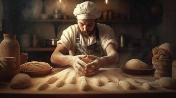 Generative AI, Old man hands of baker in restaurant or home kitchen, prepares ecologically natural pastries. photo