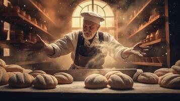 Generative AI, Old man hands of baker in restaurant or home kitchen, prepares ecologically natural pastries. photo