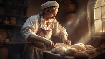 Generative AI, Old man hands of baker in restaurant or home kitchen, prepares ecologically natural pastries. photo