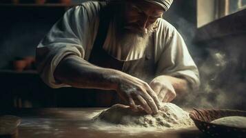 Generative AI, Old man hands of baker in restaurant or home kitchen, prepares ecologically natural pastries. photo