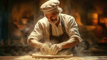 generativo ai, antiguo hombre manos de panadero en restaurante o hogar cocina, prepara ecológicamente natural pasteles foto