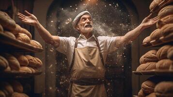 , Old man hands of baker in restaurant or home kitchen, prepares ecologically natural pastries. photo