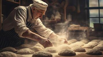 Generative AI, Old man hands of baker in restaurant or home kitchen, prepares ecologically natural pastries. photo