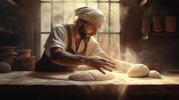 , Old man hands of baker in restaurant or home kitchen, prepares ecologically natural pastries. photo