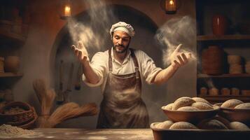 , Old man hands of baker in restaurant or home kitchen, prepares ecologically natural pastries. photo