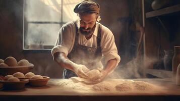 Generative AI, Old man hands of baker in restaurant or home kitchen, prepares ecologically natural pastries. photo