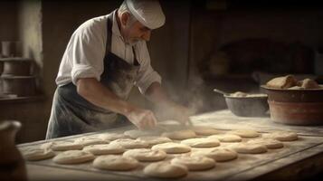 generativo ai, antiguo hombre manos de panadero en restaurante o hogar cocina, prepara ecológicamente natural pasteles foto