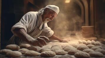 Generative AI, Old man hands of baker in restaurant or home kitchen, prepares ecologically natural pastries. photo