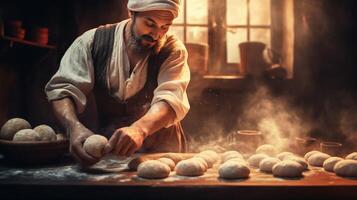 generativo ai, antiguo hombre manos de panadero en restaurante o hogar cocina, prepara ecológicamente natural pasteles foto