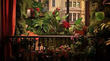 Generative AI, beautiful balcony surrounded by a tropical style garden, blooming flowers and green plants photo