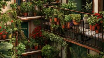 Generative AI, beautiful balcony surrounded by a tropical style garden, blooming flowers and green plants photo