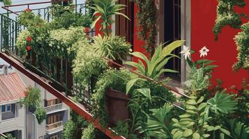 Generative AI, beautiful balcony surrounded by a tropical style garden, blooming flowers and green plants photo