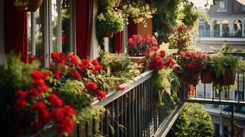 generativo ai, hermosa balcón rodeado por un tropical estilo jardín, floreciente flores y verde plantas foto