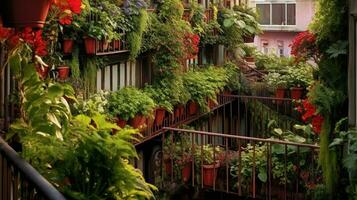 generativo ai, hermosa balcón rodeado por un tropical estilo jardín, floreciente flores y verde plantas foto