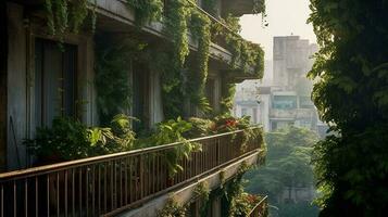 Generative AI, beautiful balcony surrounded by a tropical style garden, blooming flowers and green plants photo