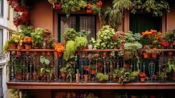 Generative AI, beautiful balcony surrounded by a tropical style garden, blooming flowers and green plants photo