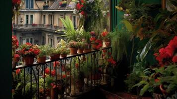 Generative AI, beautiful balcony surrounded by a tropical style garden, blooming flowers and green plants photo