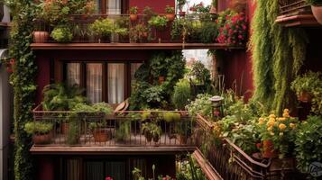 Generative AI, beautiful balcony surrounded by a tropical style garden, blooming flowers and green plants photo