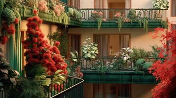 Generative AI, beautiful balcony surrounded by a tropical style garden, blooming flowers and green plants photo